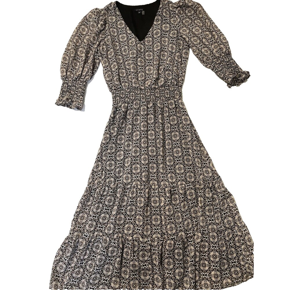 1. STATE Boho Whimsical Paisley Smocked V-Neck Tiered Midi Dress XS Black/Beige